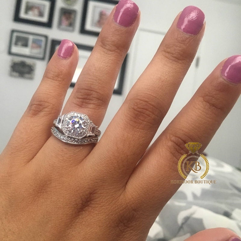 Round & Trapezoid  Halo 3 stone with side pave Moissanite Engagement Ring, rings for women, statement ring.