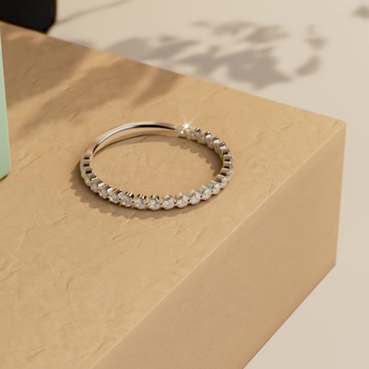 Floating Lab Grown Diamond wedding band, Half\Full eternity Distance wedding ring, Bubble stackable minimalist dainty ring, Wedding band