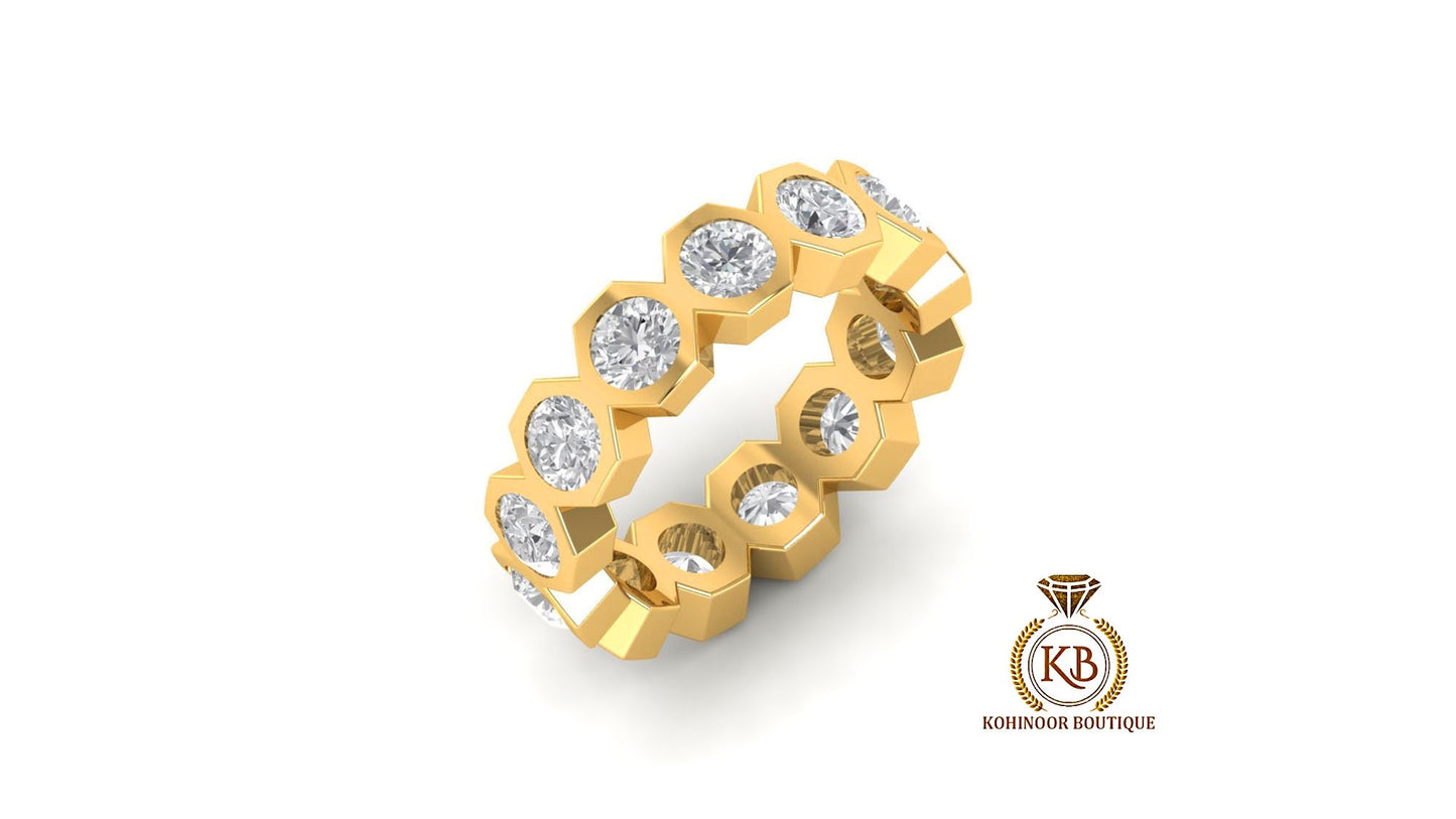 Half\Full Eternity, Hexagonal set Round Moissanite bold statement Ring, Wedding Band in 18k\14k\10k and White\Yellow\Rose Gold