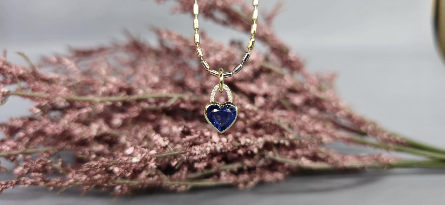 Heart Shaped bezel set Lab grown Sapphire pendant with lab grown diamond pave bail, dainty wedding pendant for women girls
