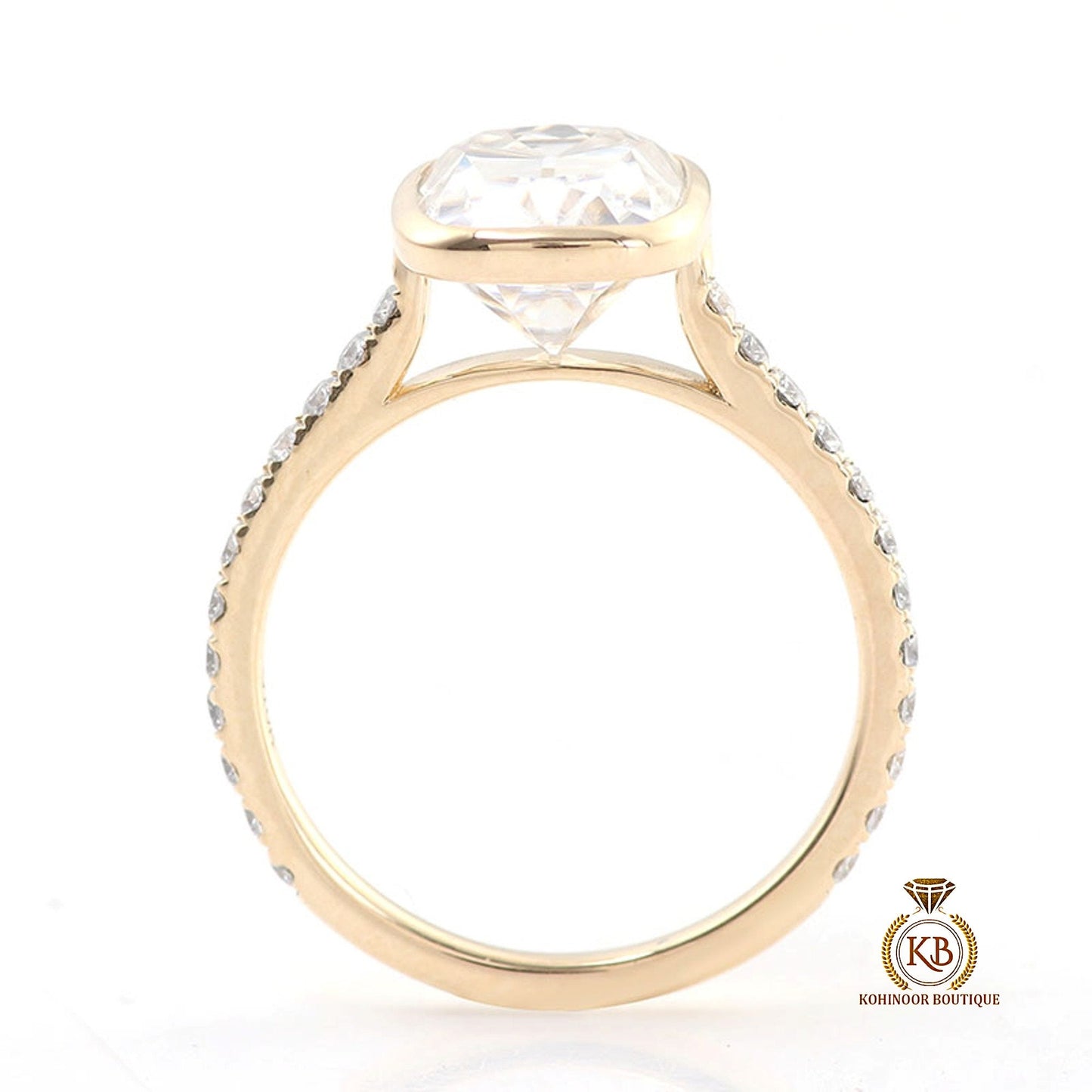 Old Mine Cut OMC Elongated Cushion Cut Bezel Cathedral set with side pave Moissanite Engagement Ring, Antique Bezel Set ring.