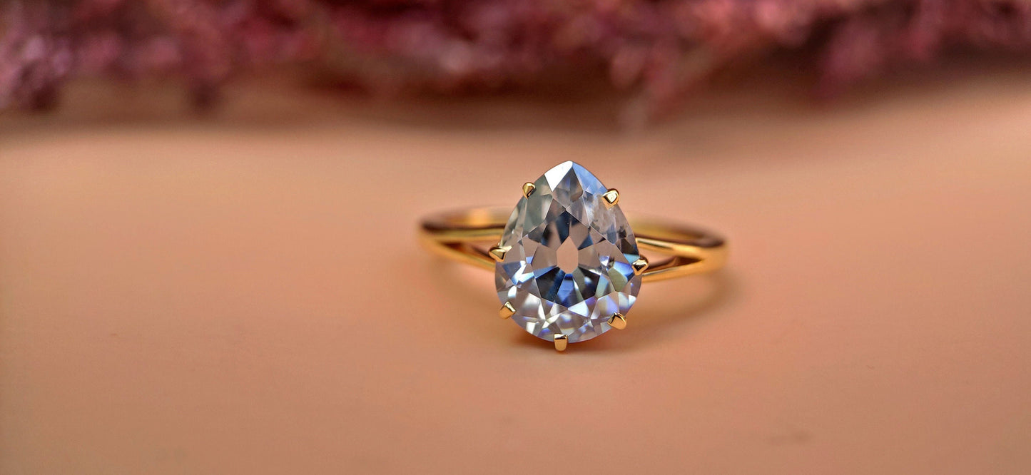Old Mine Antique OMC Blue Pear Cut Moissanite Solitaire Engagement Ring, ring for her, gift for her Georgian era ring, Marie-Antoinette ring