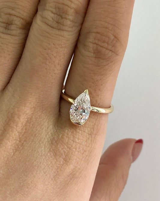 Pear cut Half Bezel Moissanite Solitaire Engagement Ring , Promise\proposal Ring available in 18k\14k\10k White\Yellow\Rose Gold
