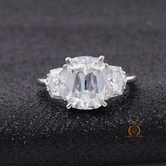Old mine cut Elongated cushion  and bullet cut 3 stone Moissanite vintage victorian Engagement Ring Engagement\propose\anniversary Ring