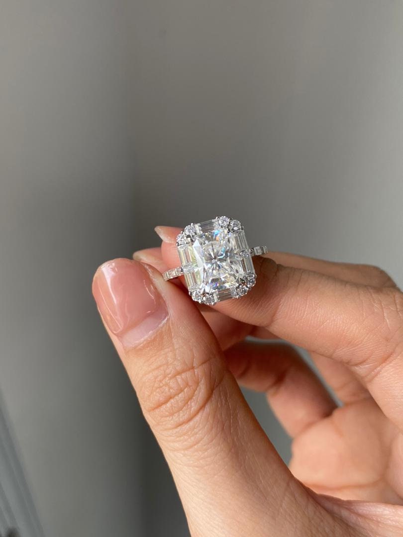 Radiant Cut Moissanite with Baguette Halo and baguette pave band Engagement Ring, ring for women, ring for her, right hand ring