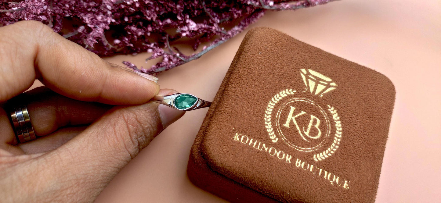 Green Rose Cut Pear Moissanite Signet ring, Gypsy Flush Set engagement proposal ring, Ring for her, low profile set ring, Ring for women