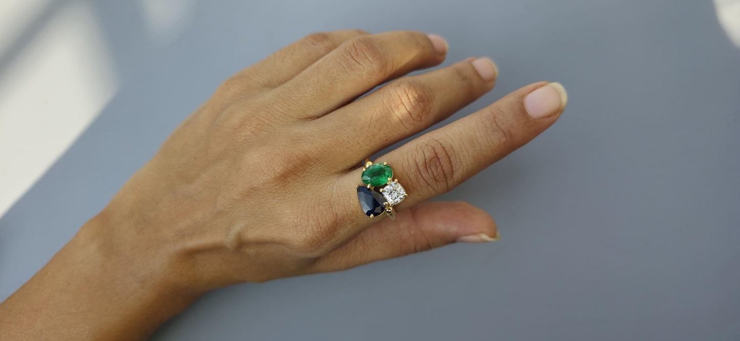 Natural Emerald Oval, Natural Sapphire Pear and Lab grown Cushion Diamond Trilogy 3 stone Engagement Ring, Ring for her, Gift for Her
