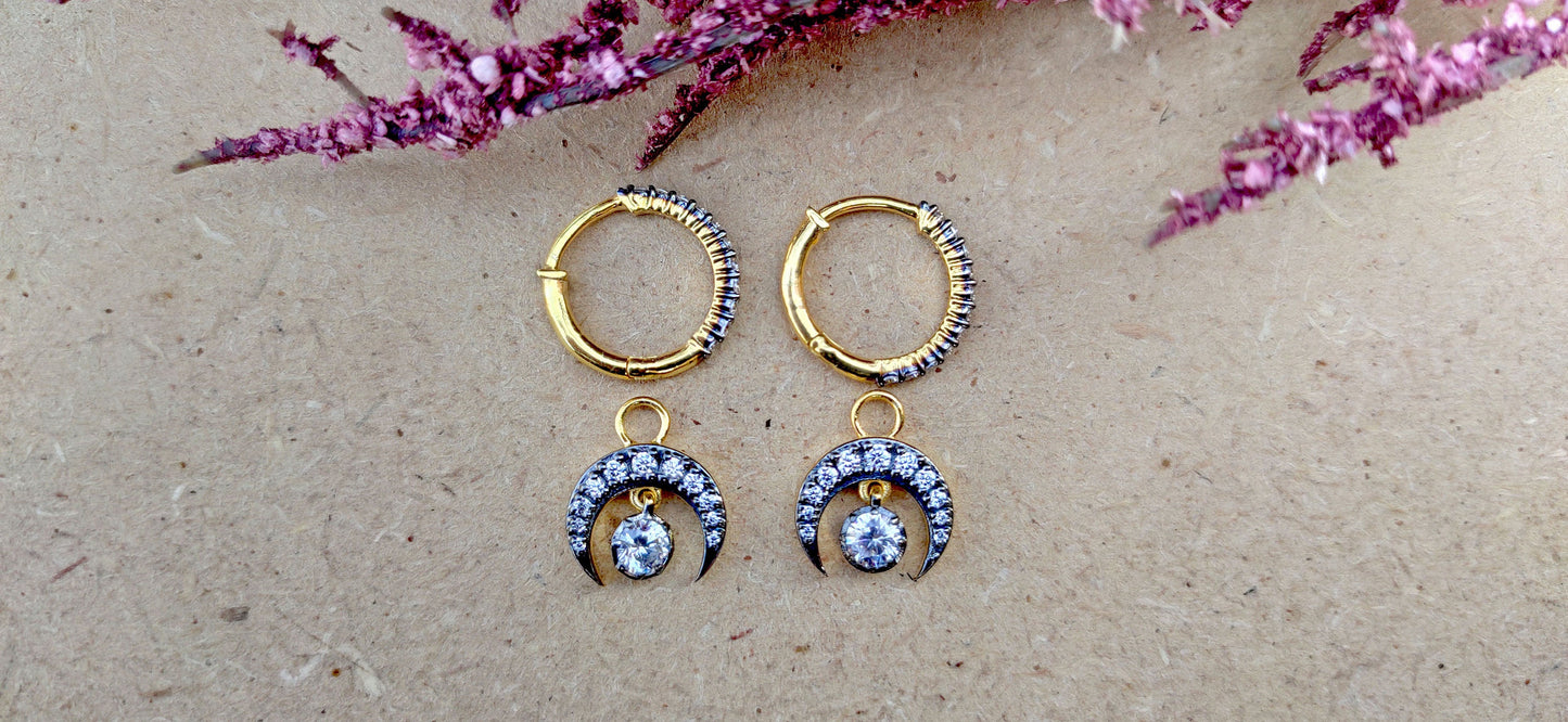 Half moon Moissanite button back Georgian cut down Huggie,2 in 1  statement earring, blackened gold earrings.