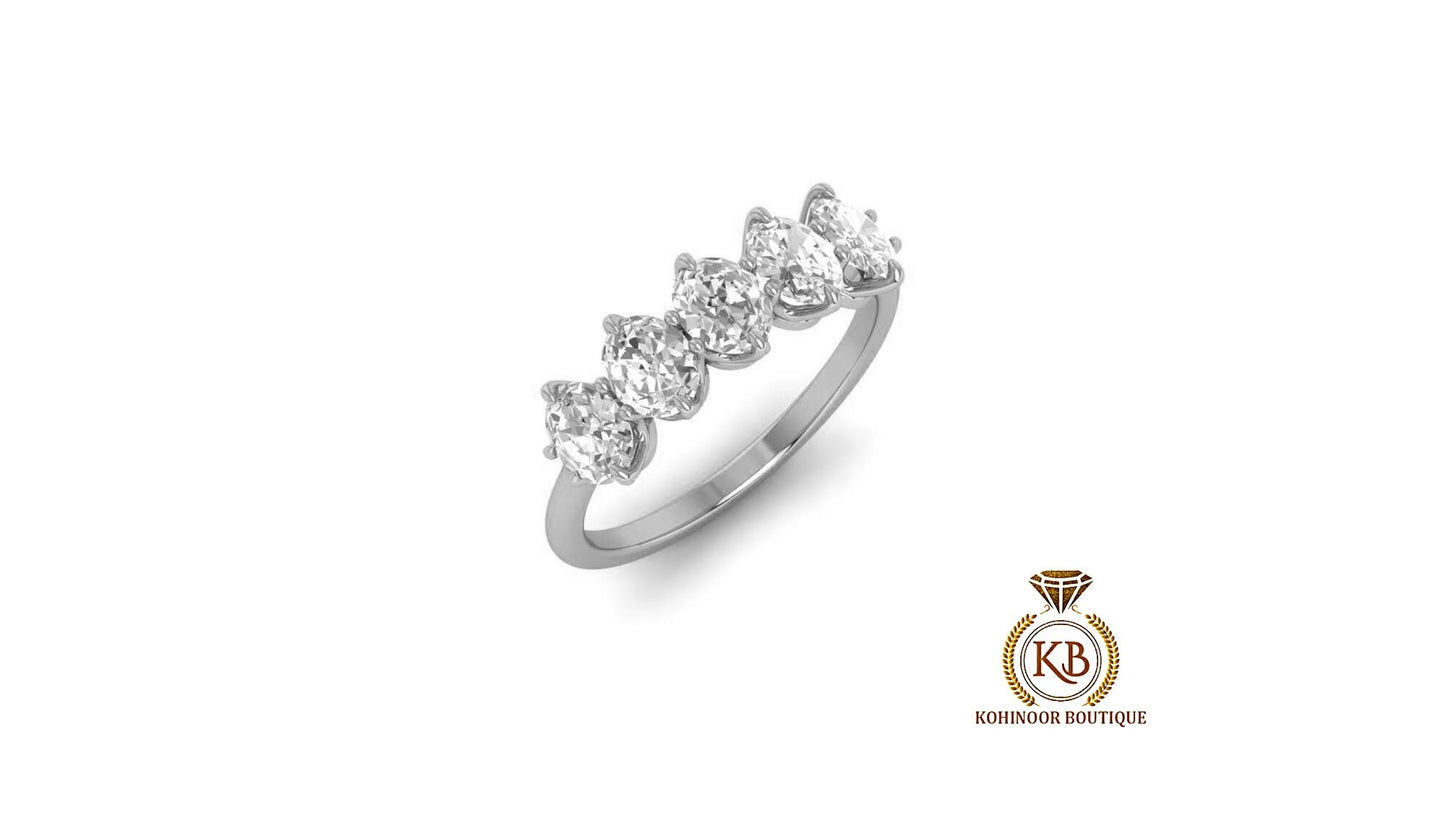 Oval 5-Stone Moissanite Vintage Anniversary band, gift for wife, Wedding Band, Ring for her, Half eternity ring.