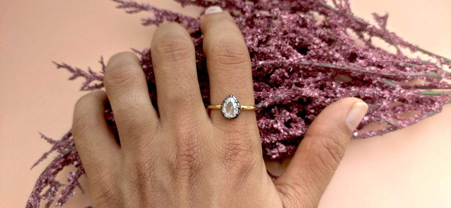 Rose Cut Pear Moissanite Collet set Ring, Georgian cut down set art deco ring, Gift Ring for her, Edwardian ring, Blackened gold ring