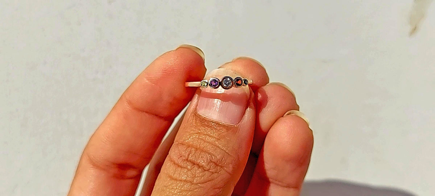 Five gemstone band with center moissanite stone, Promise or Wedding ring alternative, 5 stone Anniversary Band, Minimalist Stackable band