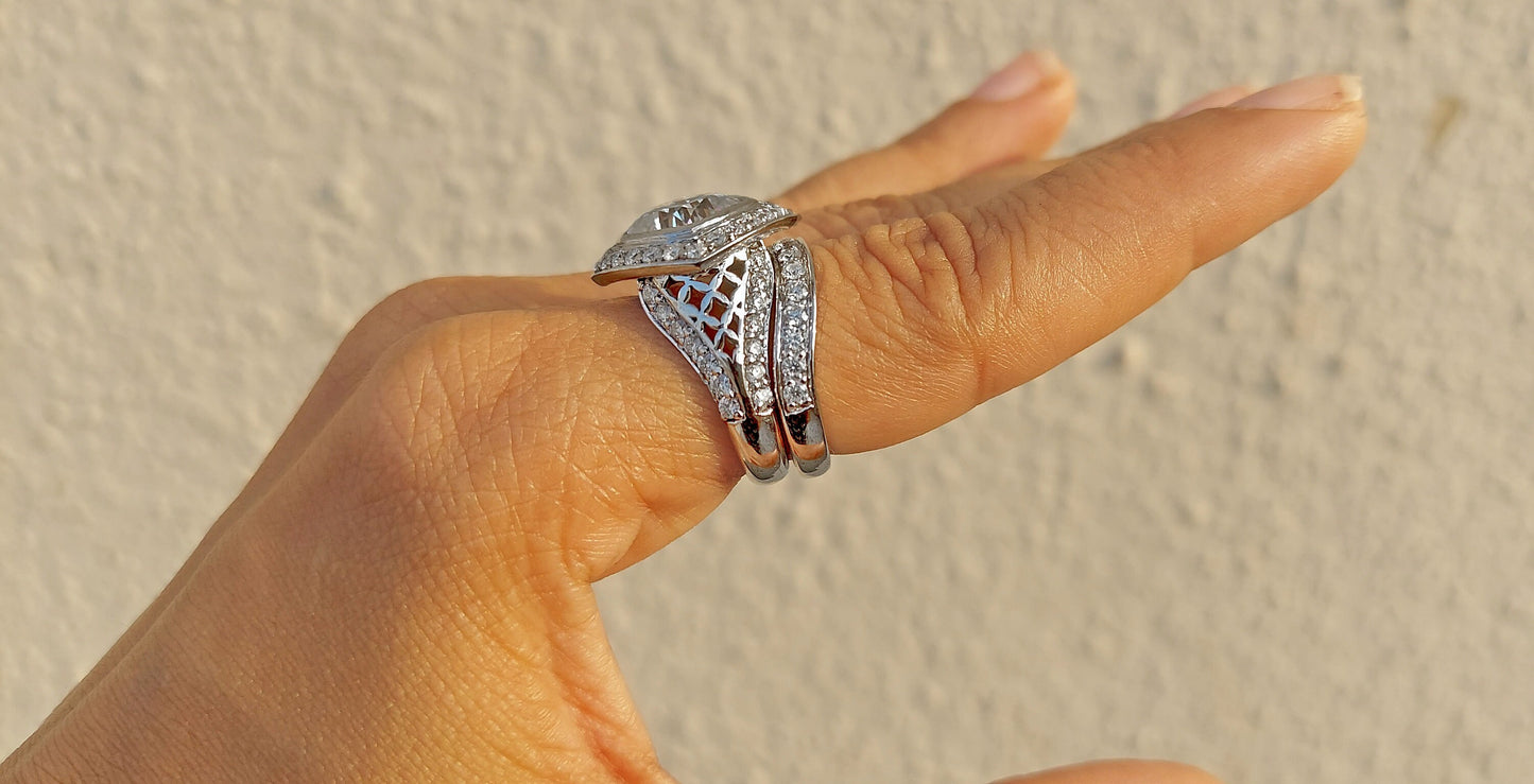 Kite set Cushion Cut Halo Moissanite ring with\without matching band, with side pave lattice band, Cathedral set engagement ring