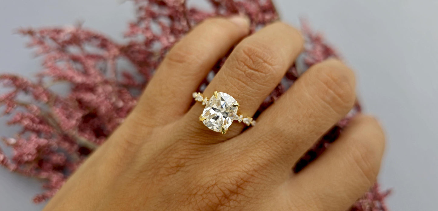 Elongated Cushion Cut Moissanite Tulip basket set with side marquise pave on band Engagement Ring, Proposal ring, ring gift for her