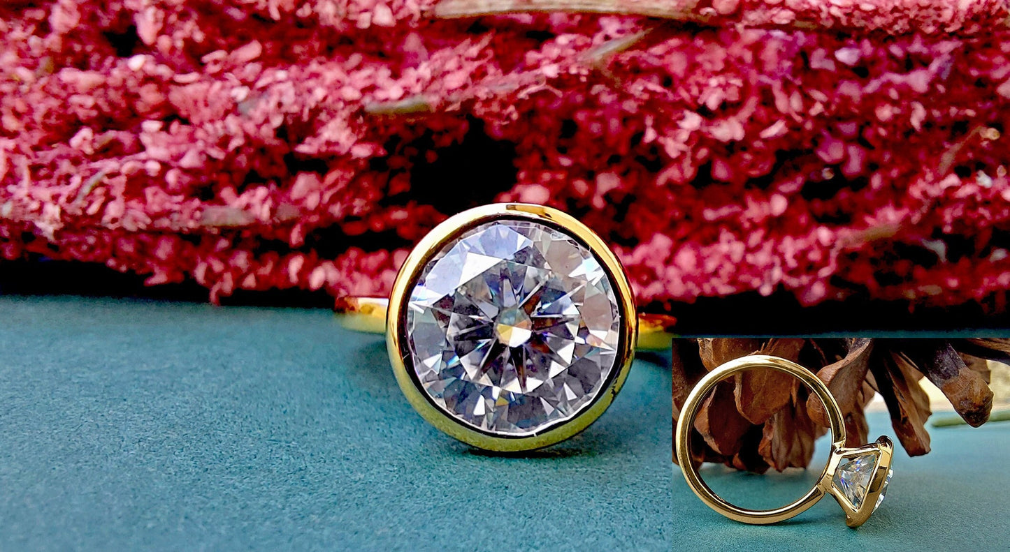 Round Cut Bezel Moissanite Solitaire Engagement Ring , Proposal Ring, Ring for her, Gift for her