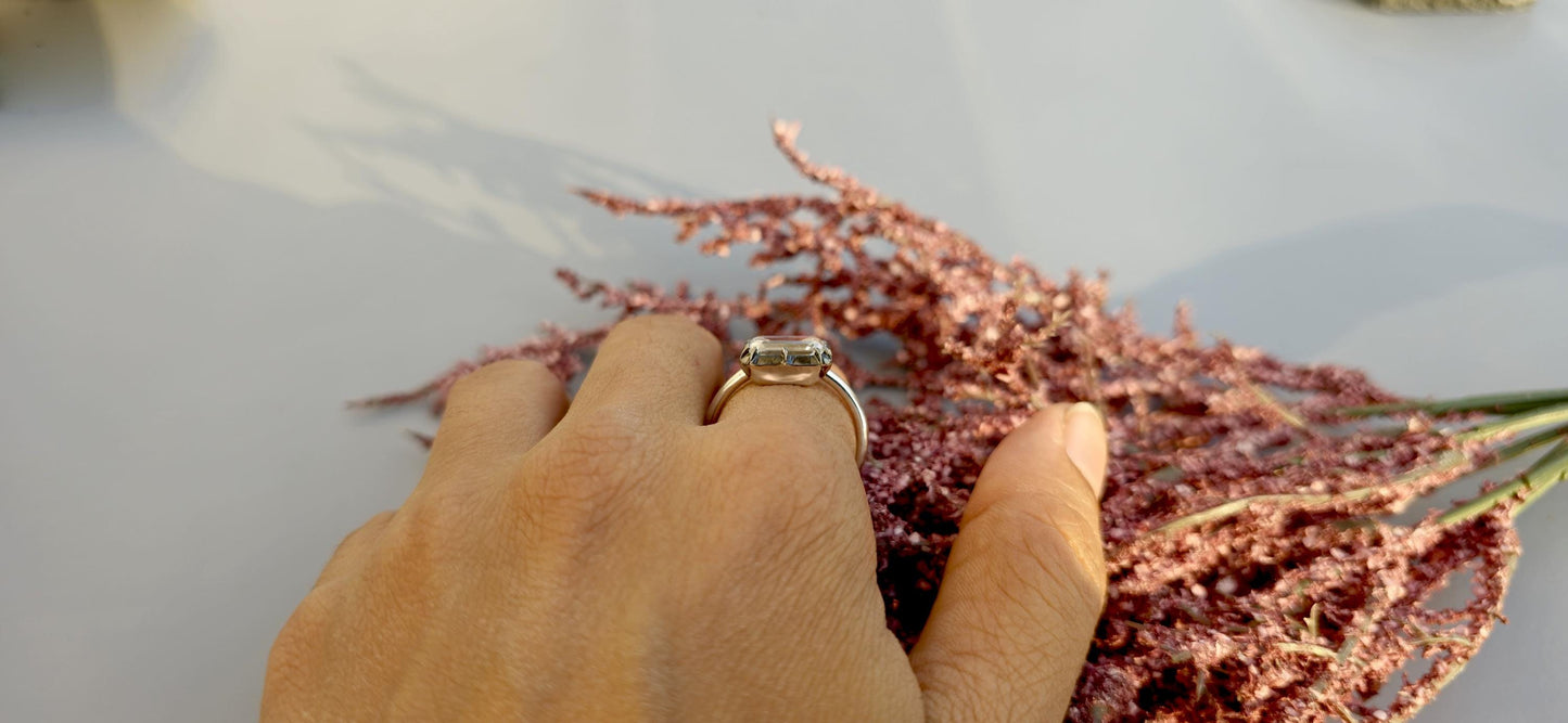 East West set Elongated Emerald Cut Moissanite Georgian cut down button back solitaire engagement ring, ring for her, ring for women