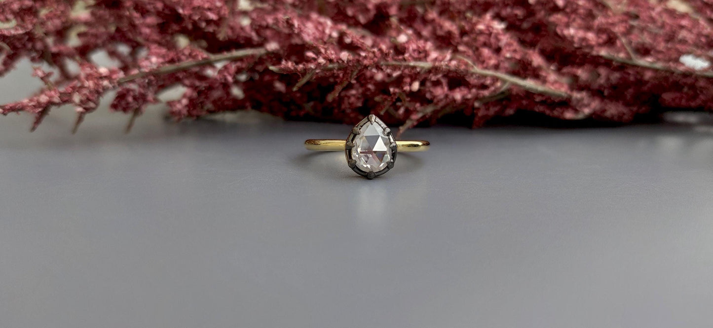 Rose Cut Pear Moissanite Collet set Ring, Georgian cut down set art deco ring, Gift Ring for her, Edwardian ring, Blackened gold ring