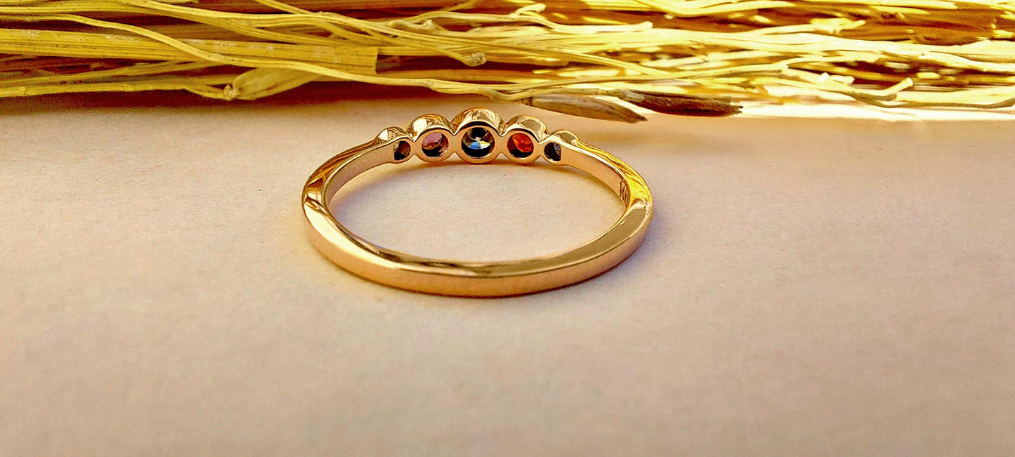 Five gemstone band with center moissanite stone, Promise or Wedding ring alternative, 5 stone Anniversary Band, Minimalist Stackable band