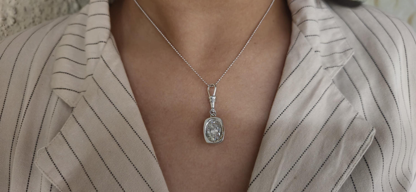 Oval Cut Moissanite Bezel Button back set Pendant with Swivel Clasp and without chain, statement pendant.