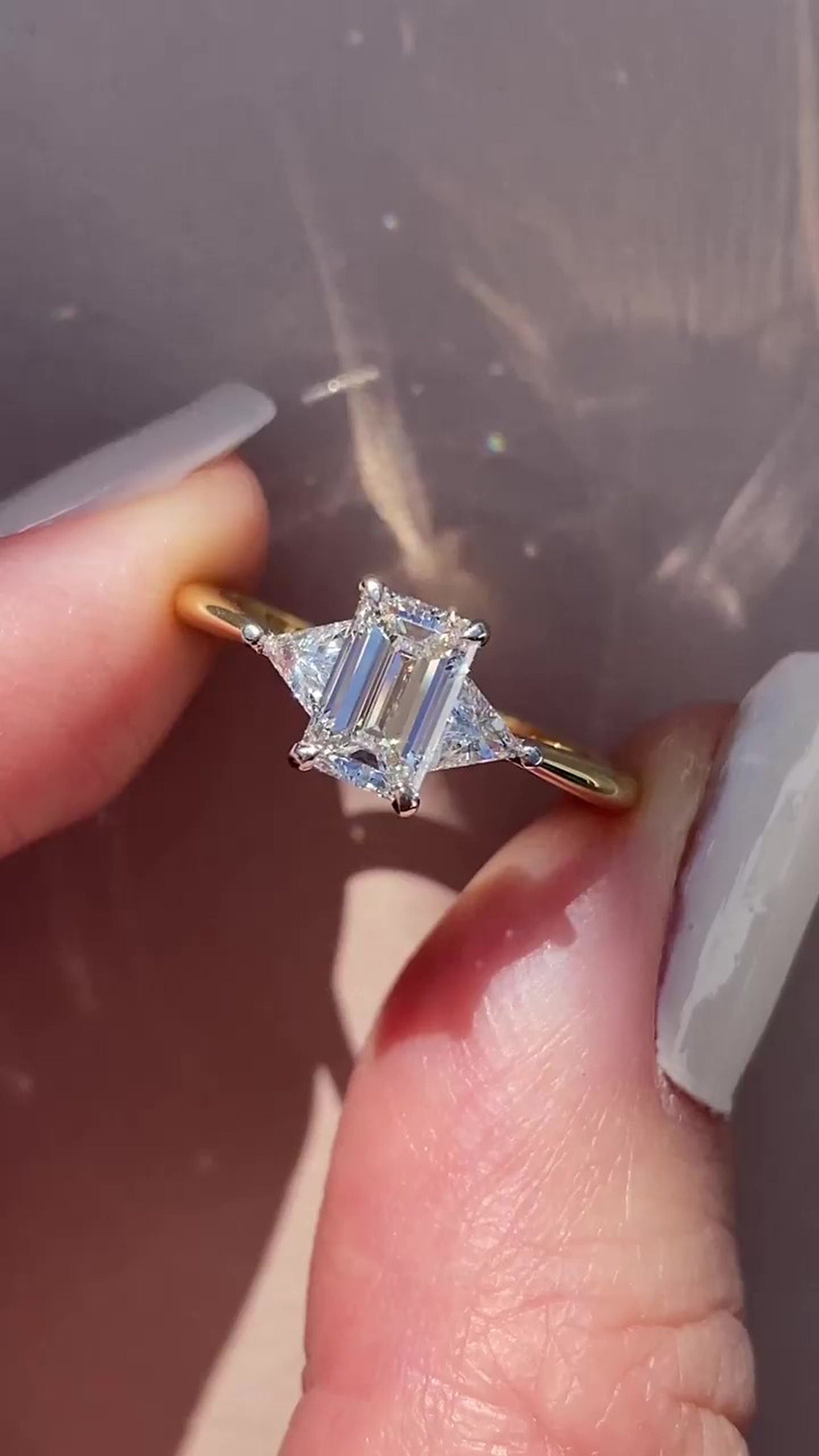 Emerald & Trilliant\Trillion 3 stone moissanite diamond Engagement\propose\Bridal Ring 18k\14k\10k White\Yellow\Rose Gold