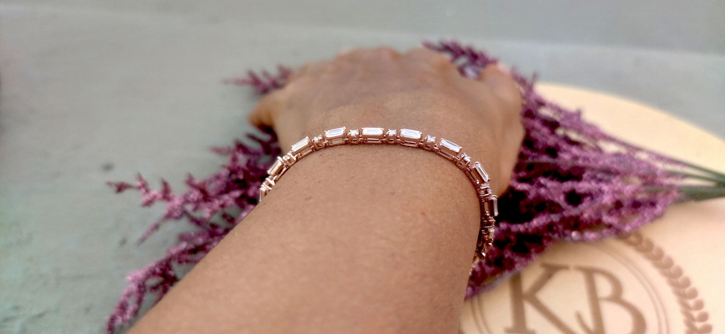 Ready to ship Moissanite Baguette & Round Tennis Bracelet in 7 inch size and in 10k rose gold, Birthday Gift for girls\women