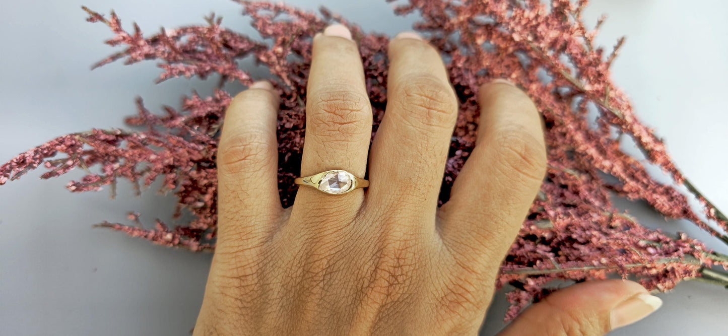 Rose Cut Pear Moissanite Signet ring, Gypsy Flush Set engagement proposal ring, Ring for her, Right hand ring, Ring for women, wedding band