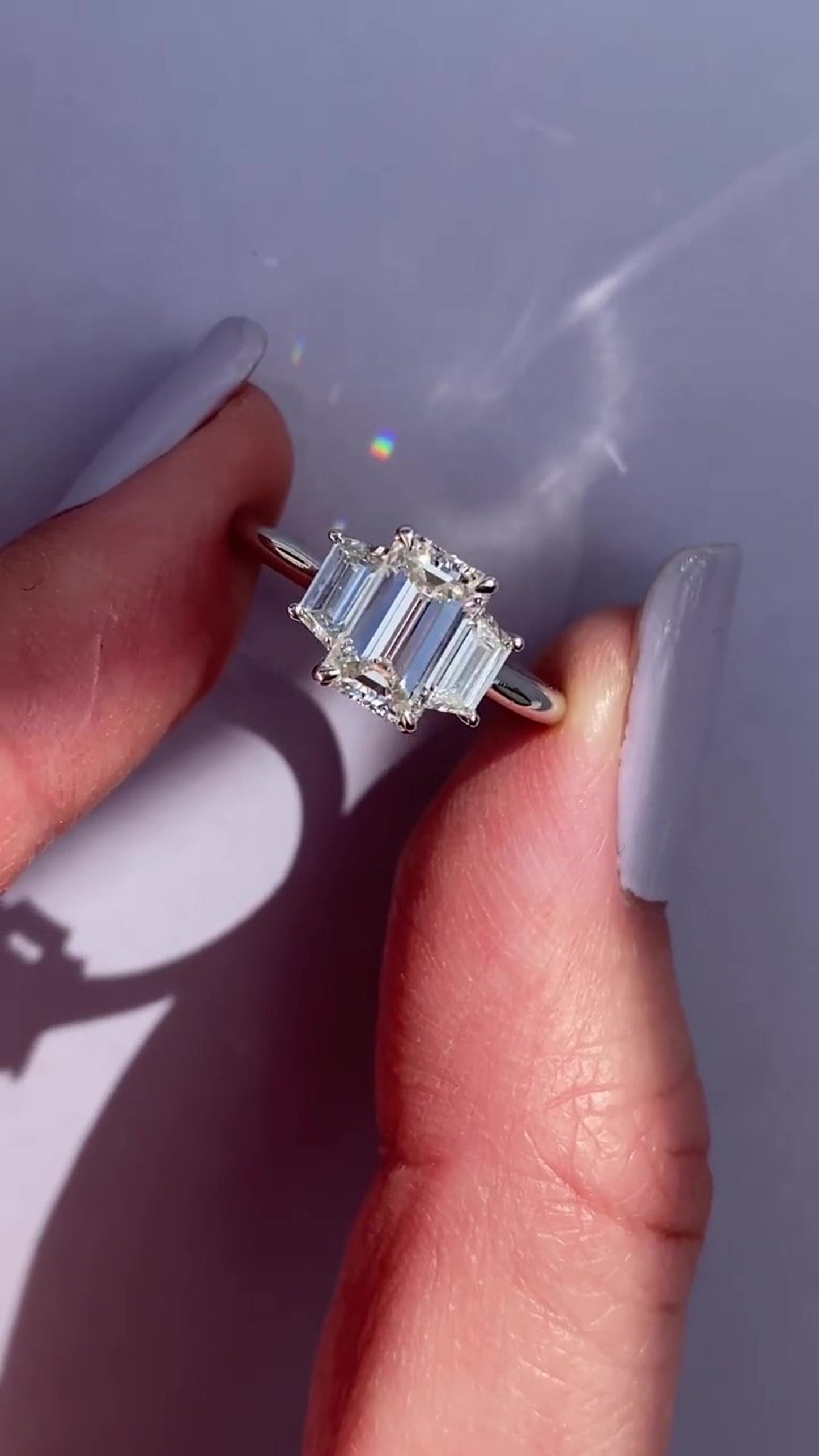 Emerald & Trapezoid 3 stone moissanite Engagement ring, ring for her, gift for women, 3 stone anniversary ring, proposal ring.