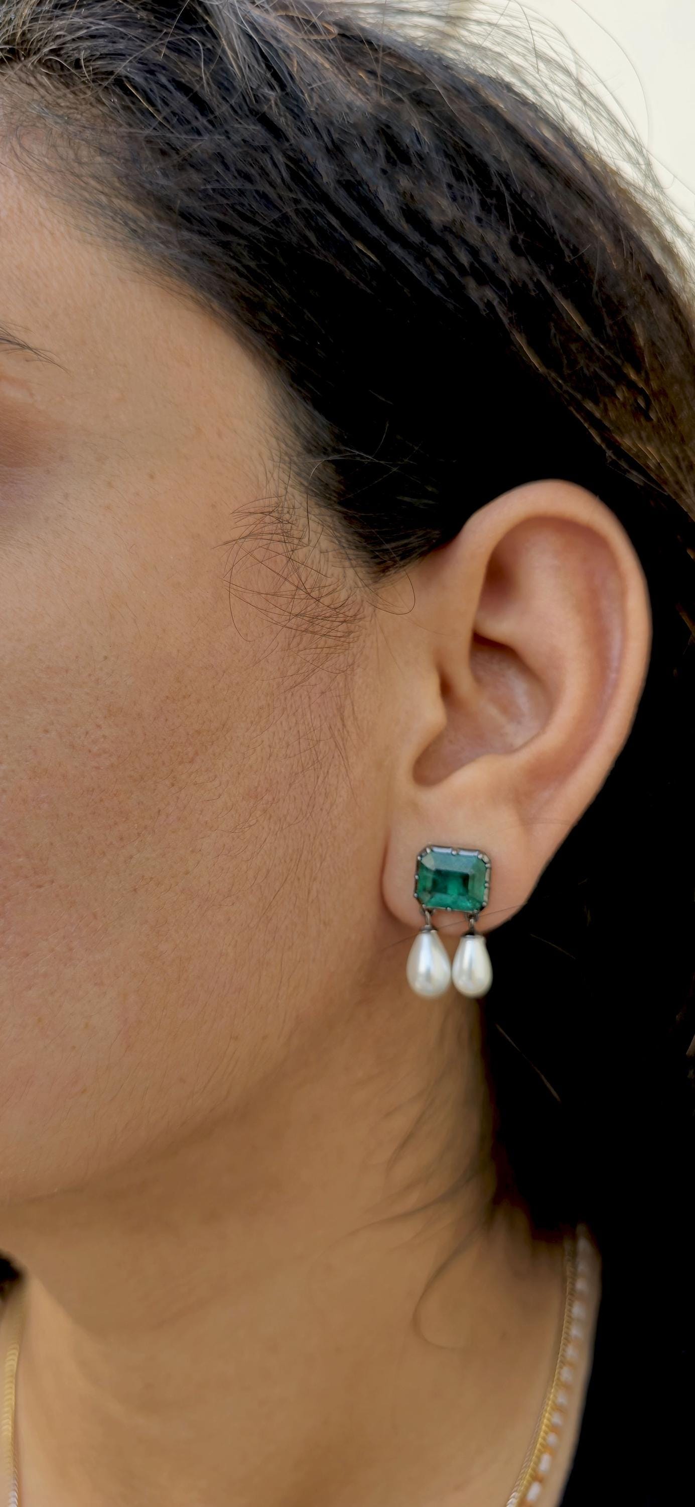 Lab grown Emerald with inclusion Georgian cut down Emerald studs with dangling pearl, statement earring, blackened gold earrings.