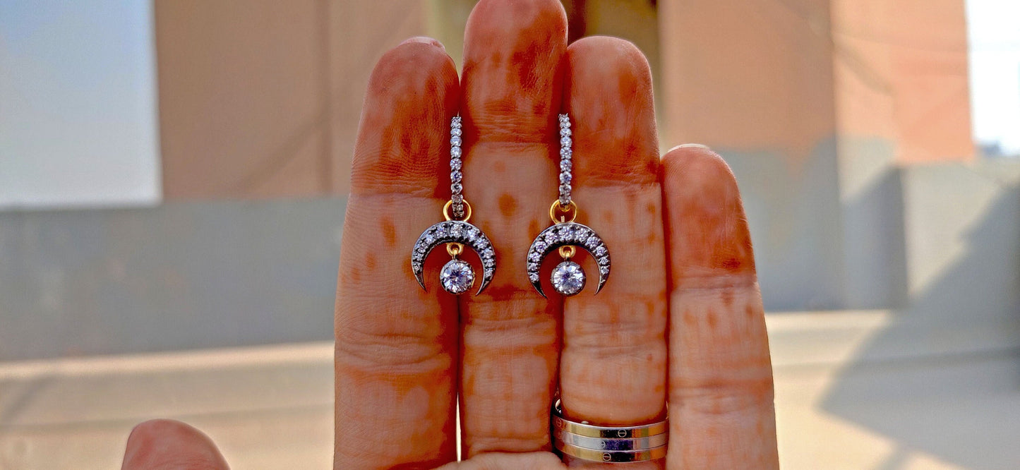 Half moon Moissanite button back Georgian cut down Huggie,2 in 1  statement earring, blackened gold earrings.