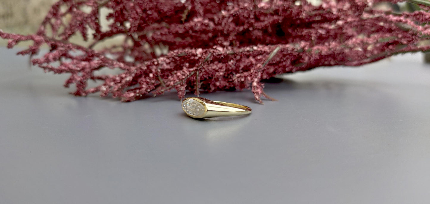 Elongated Step cut Moval Cut Moissanite Signet style ring, engagement ring ,Ring for women, ring for her, pinky finger right hand ring.