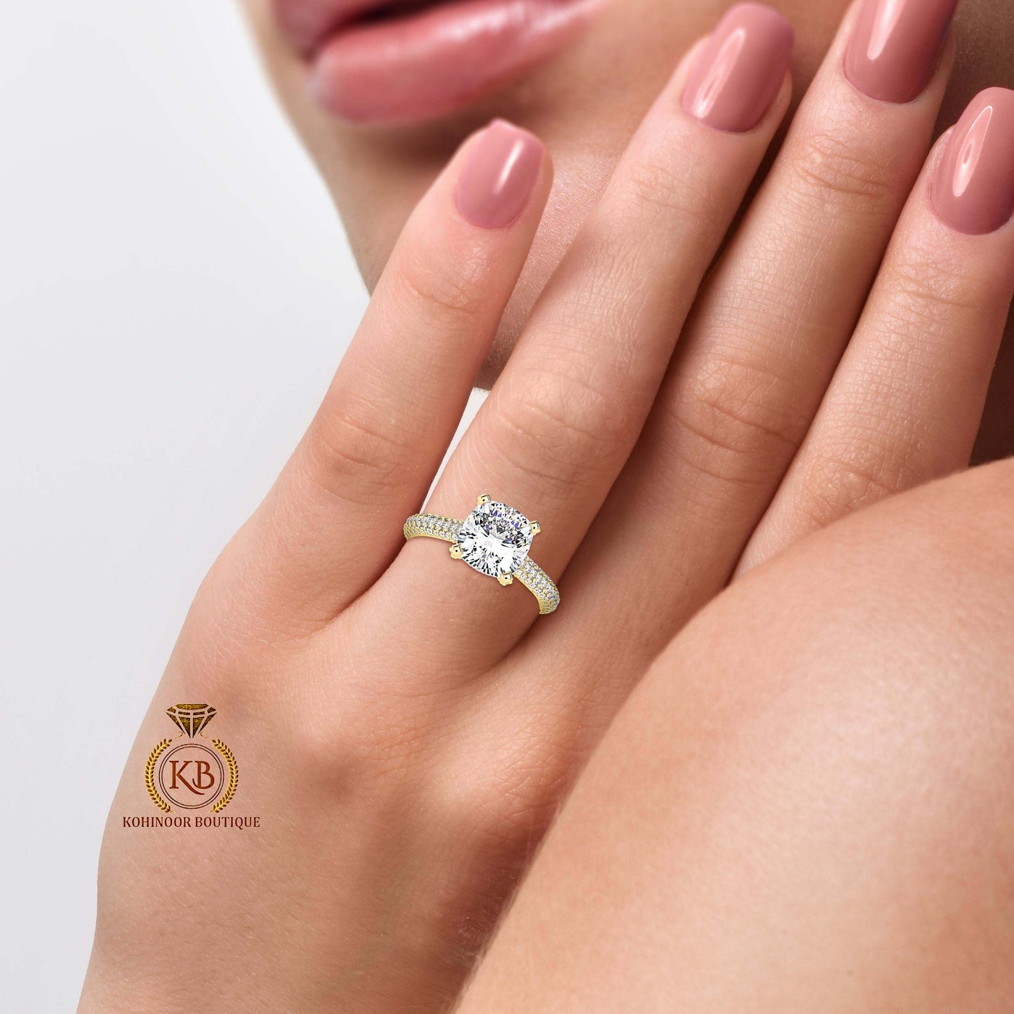 Cathedral Set Cushion Cut Moissanite with Pave Basket ,Under Halo and 3 side pave band Engagement ring, ring for women,High profile set ring