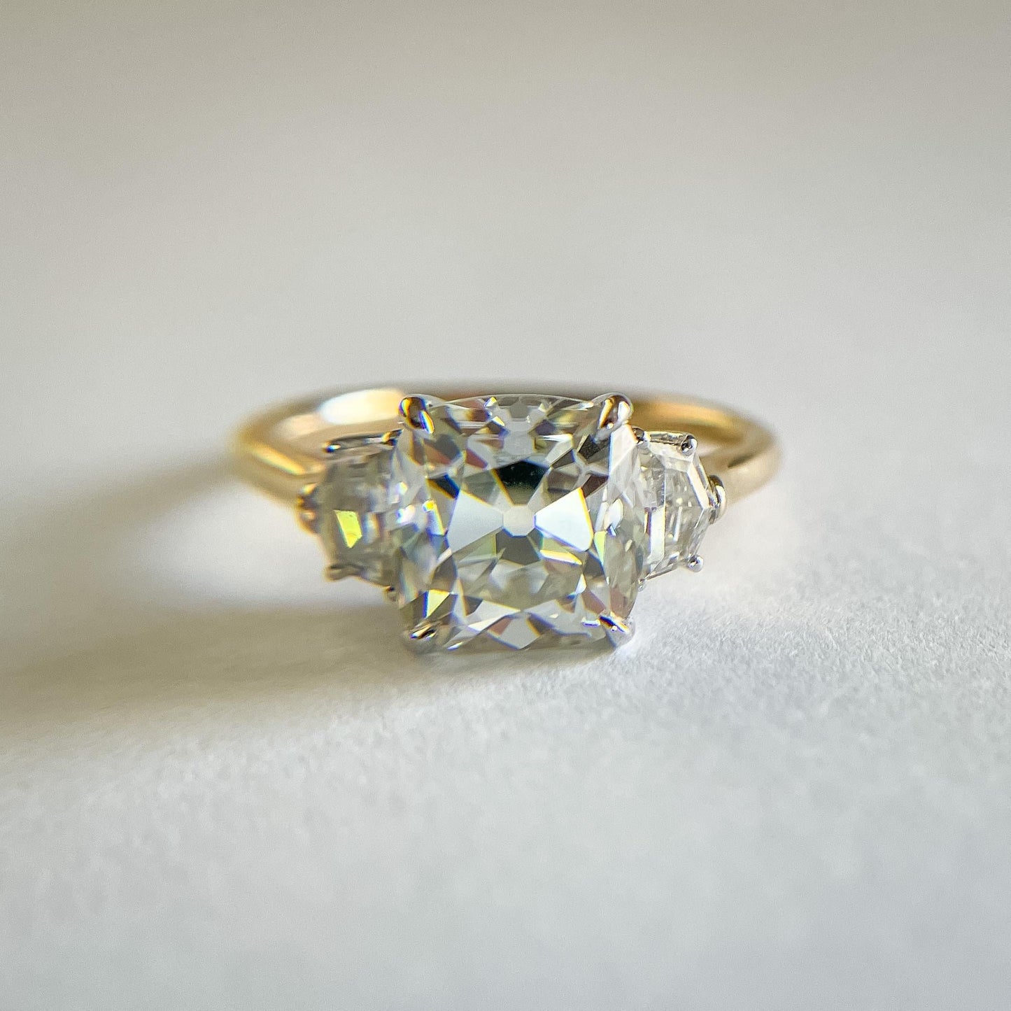 Old mine cut OMC Cushion and Cadillac cut 3 stone Moissanite Engagement Ring, Wedding anniversary gift for wife