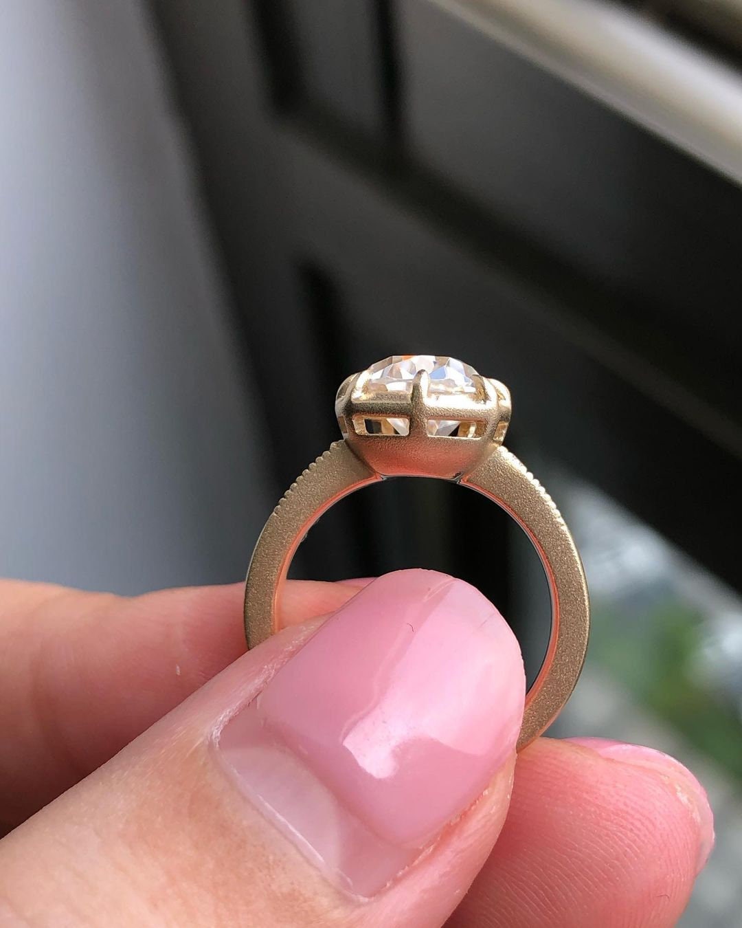 Pear Georgian Cut Down Moissanite Solitaire Engagement Ring, also available in button back setting