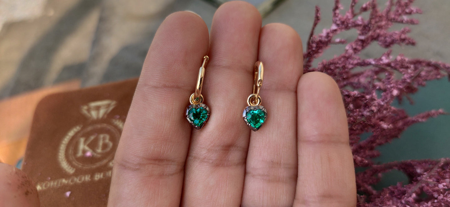 Heart Shaped Emerald button back Georgian cut down Gypset, Emerald Hoops, statement earring, blackened gold earrings.