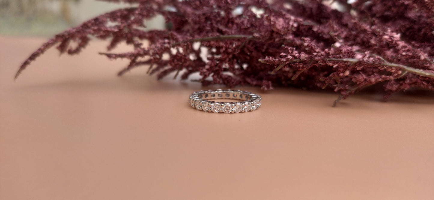 Ready to ship 3 mm Classic Round Cut Moissanite eternity band in silver Size US 6