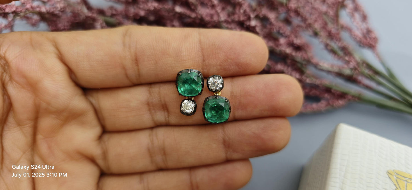 Georgian cut down button back set cushion Moissanite and lab grown Emerald Cushion earrings, Asymmetrical earrings