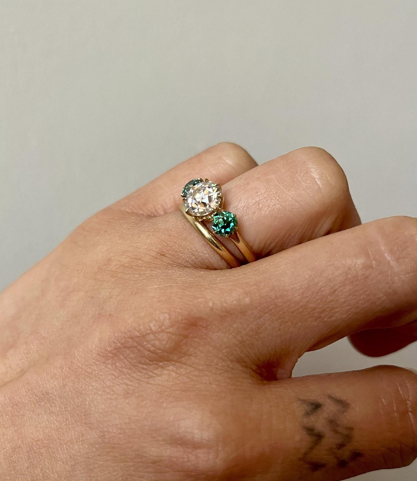 Old European Cut Round Moissanite with side Old European Cut Green Moissanite 3 stone Engagement Ring, Ring for her, ring for women