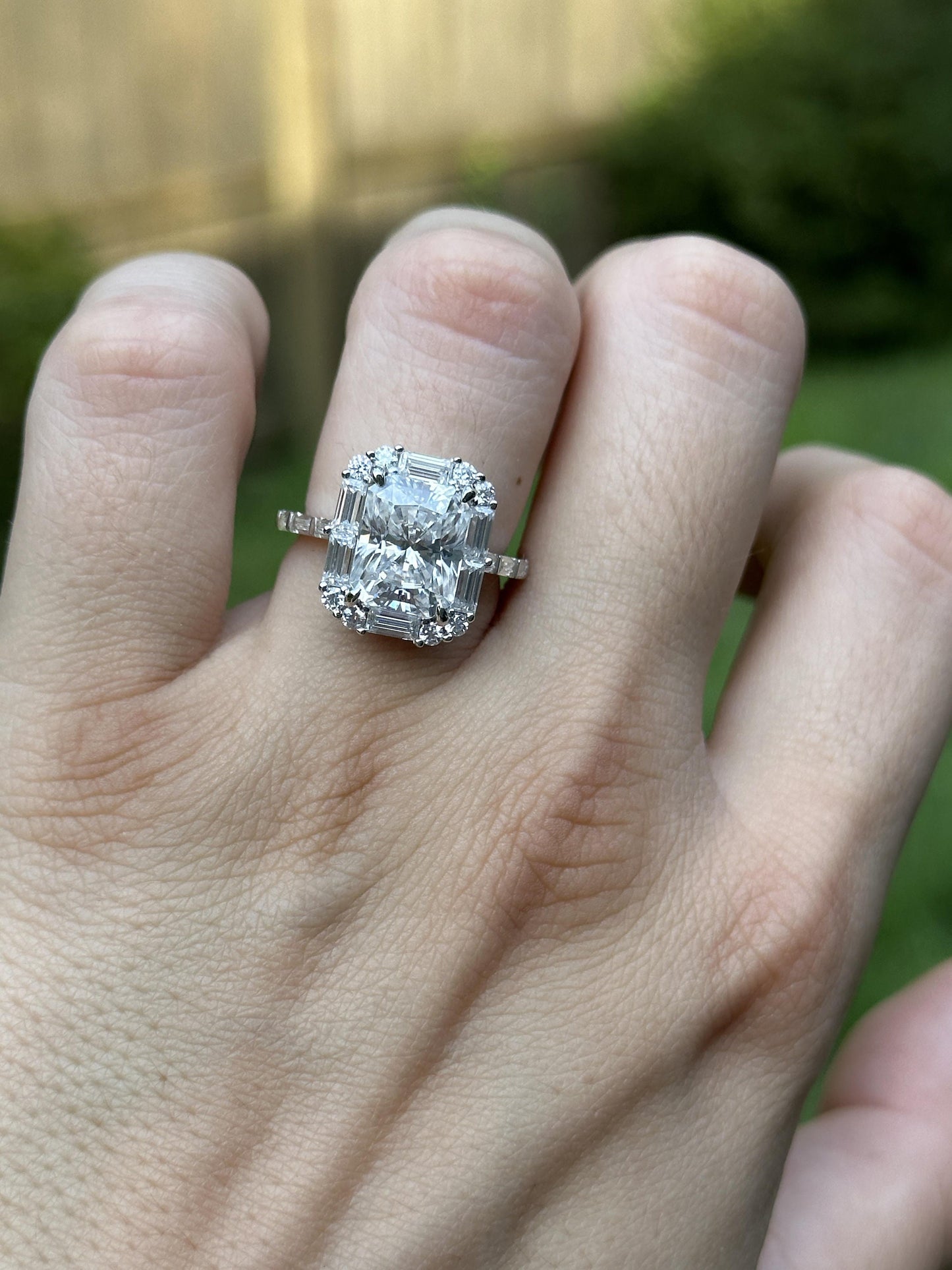 Radiant Cut Moissanite with Baguette Halo and baguette pave band Engagement Ring, ring for women, ring for her, right hand ring