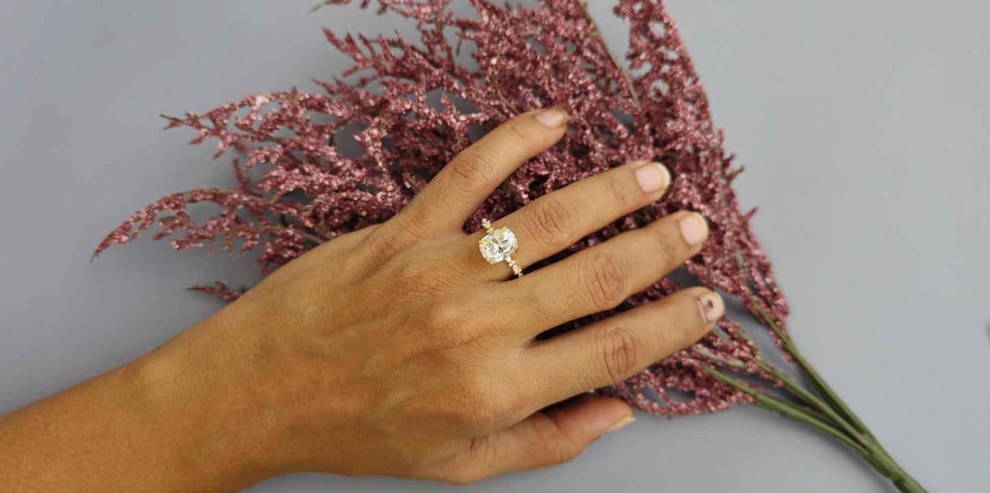 Elongated Cushion Cut Moissanite Tulip basket set with side marquise pave on band Engagement Ring, Proposal ring, ring gift for her