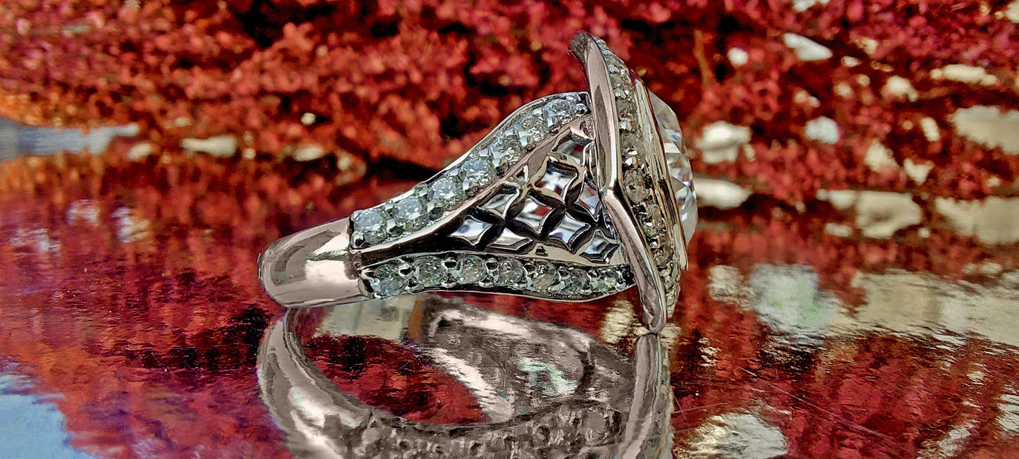 Kite set Cushion Cut Halo Moissanite ring with\without matching band, with side pave lattice band, Cathedral set engagement ring