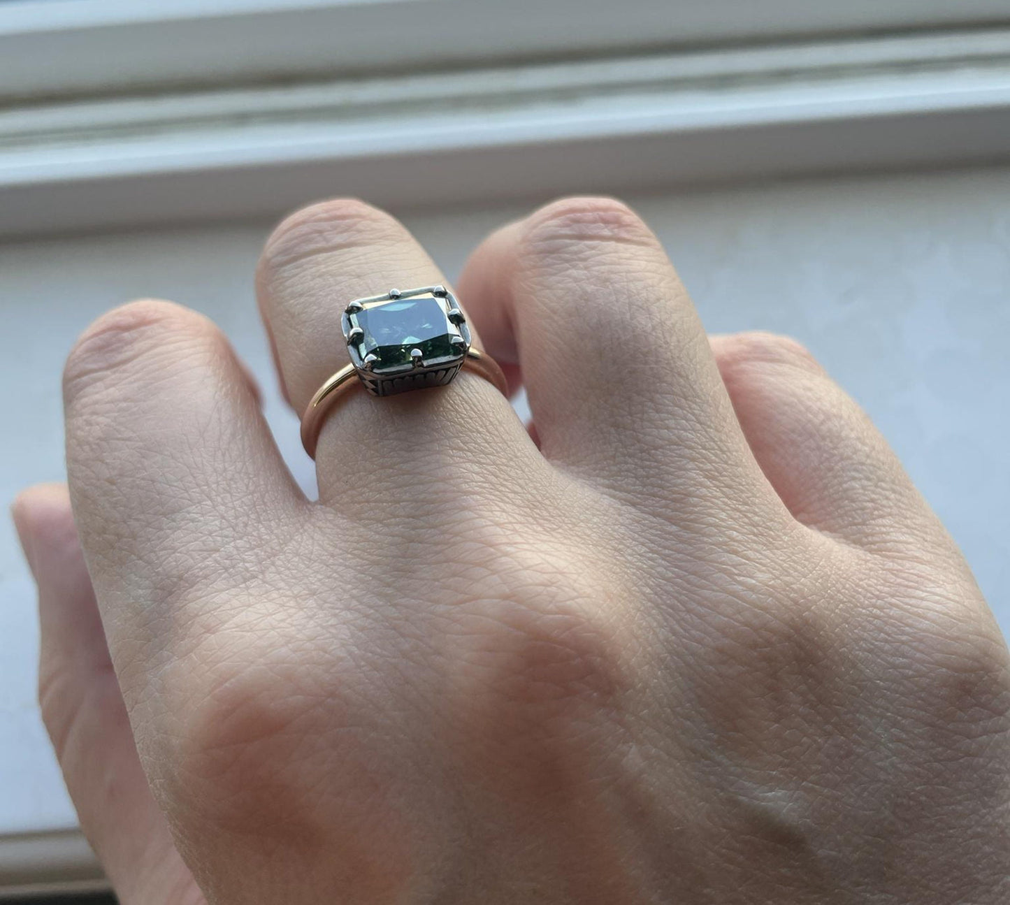 Green Radiant Cut Moissanite East West Georgian Style Bezel Set Solitaire ring, ring for women, Unique ring for her, statement ring