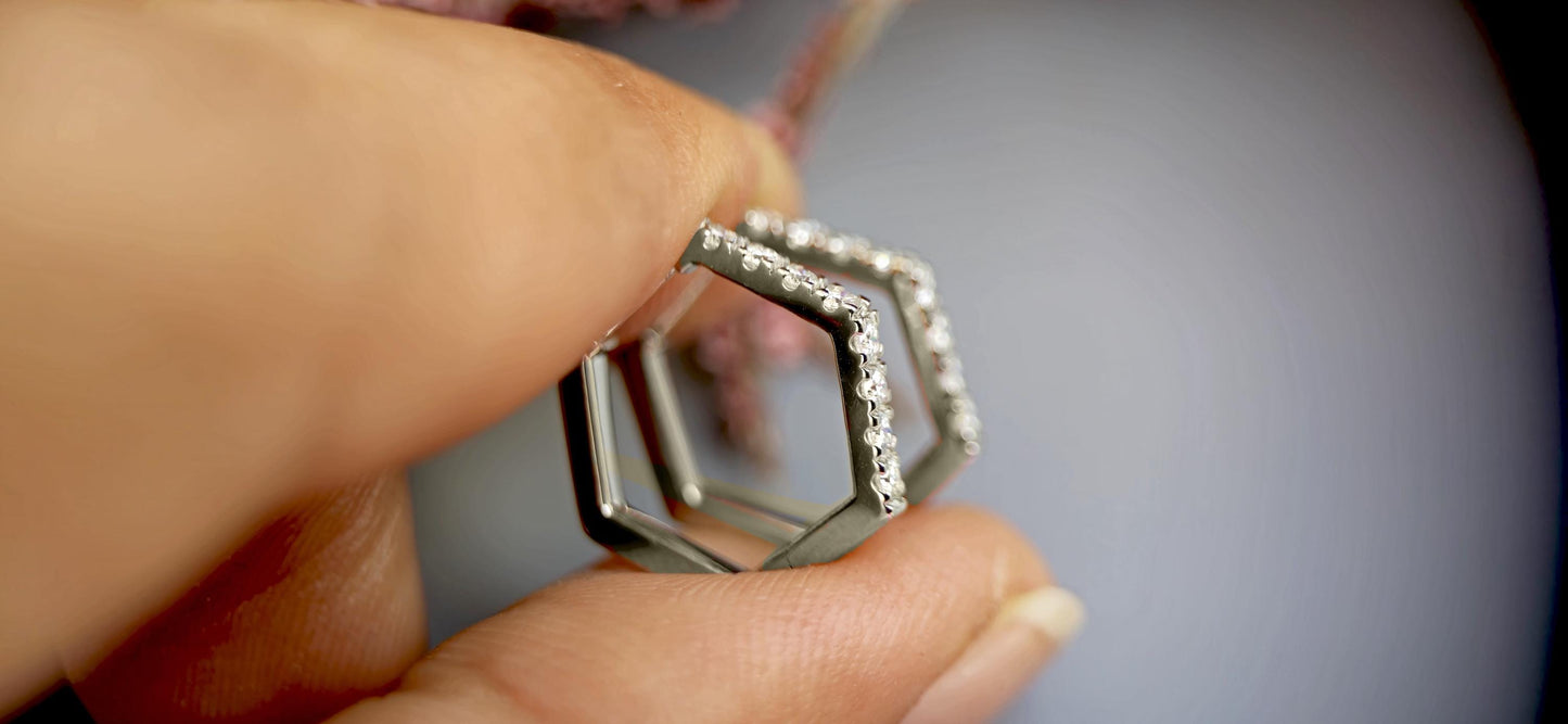 Pavé Hexagon Moissanite Hoops earrings, Statement earrings available in Silver, 18k\14k\10k White\Yellow\Rose Gold and Platinum