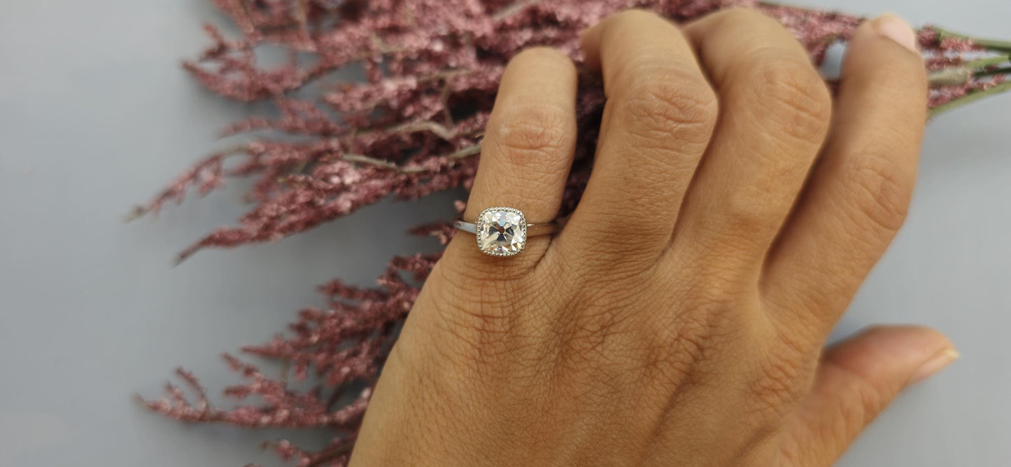 Old Mine Elongated Cushion Cut Milgrain Bezel lattice set Moissanite Engagement Ring with\without shoulders,Vintage Ring