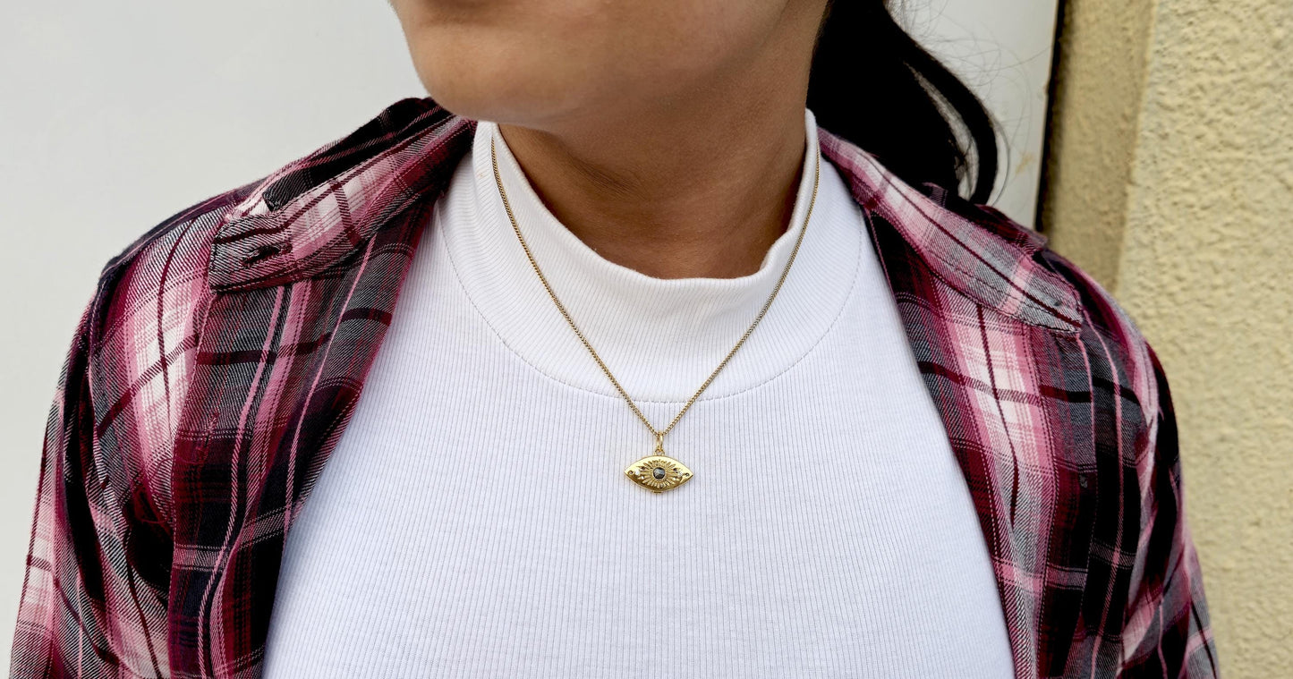 Evil eye pendant, Salt and pepper with lab grown diamond Third Eye talisman charm locket, anniversary birthday gift pendant for women, wife