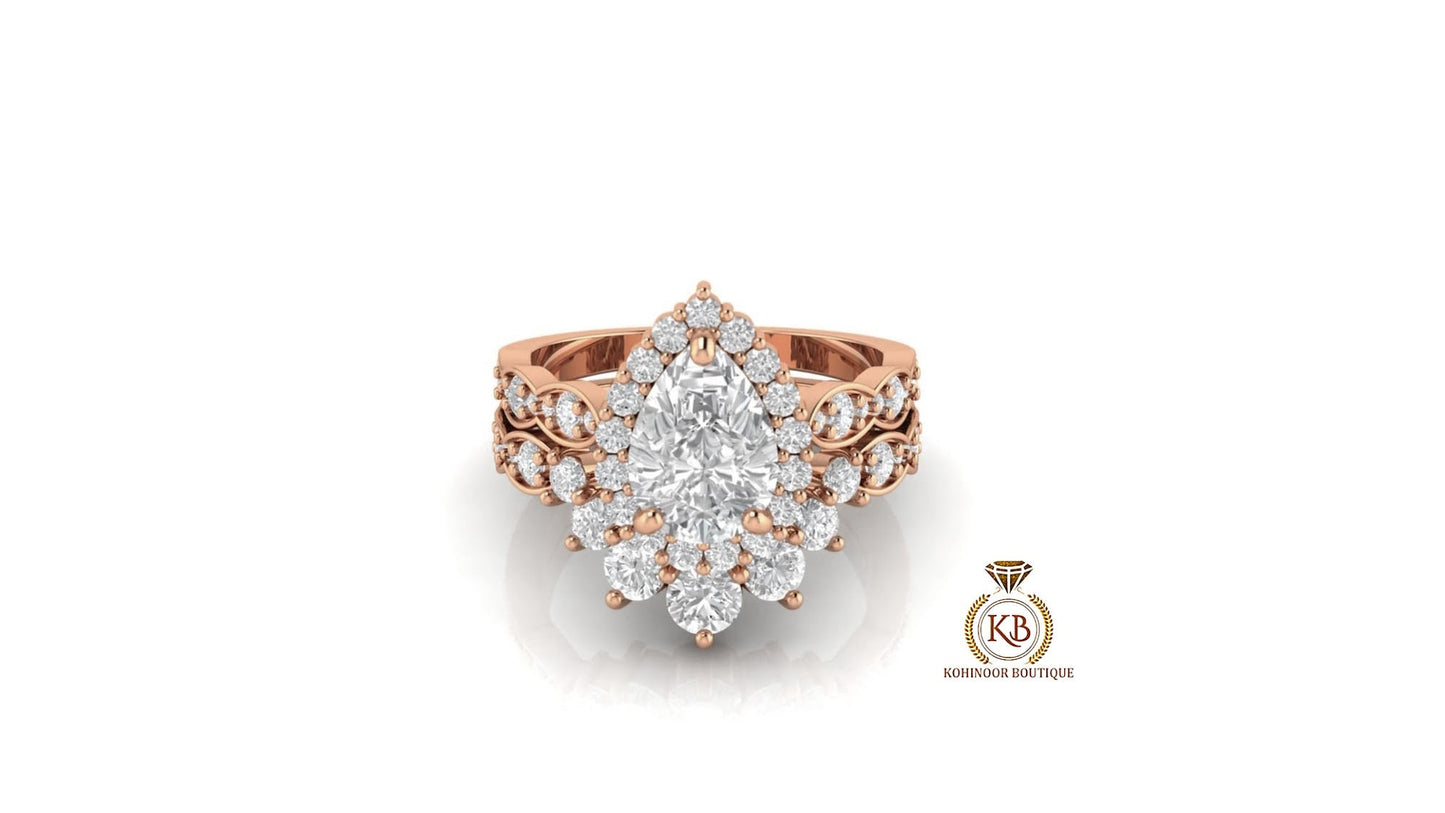 Pear Cut Halo Vintage Moissanite Engagement Ring, Wedding Bridal Set, Anniversary gift for wife, Ring for women