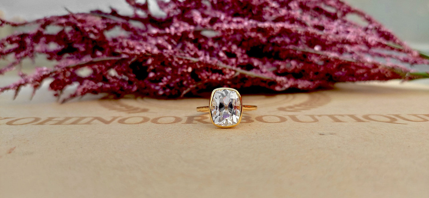 Old Mine Cut OMC Elongated Cushion Cut Moissanite invisible bezel Cathedral set Engagement Ring, Antique Bezel Set Ring, Proposal ring.