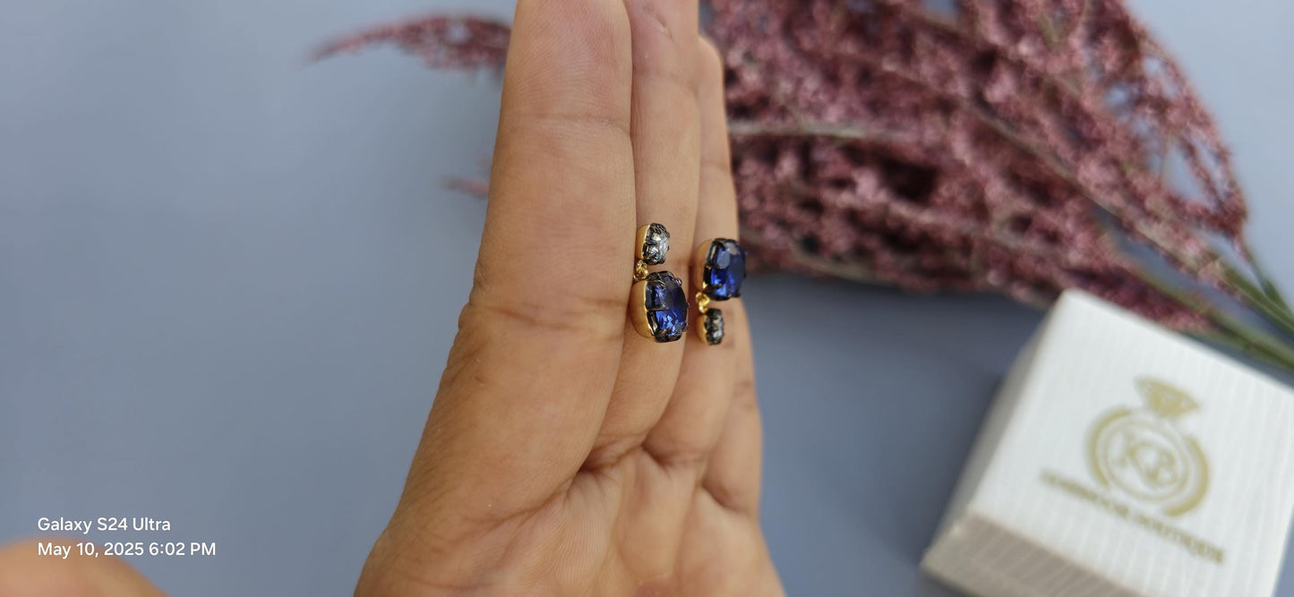 Georgian cut down button back set cushion moissanite and lab grown sapphire earrings, Asymmetrical earrings