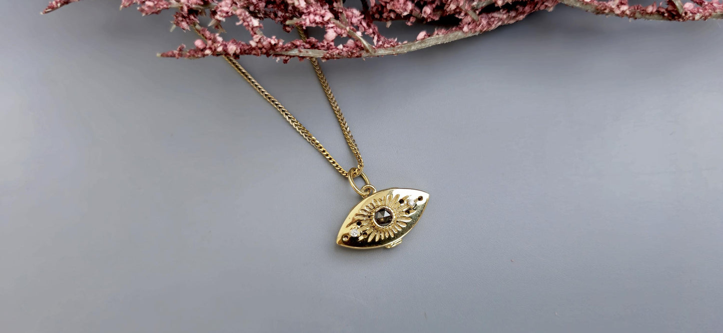 Evil eye pendant, Salt and pepper with lab grown diamond Third Eye talisman charm locket, anniversary birthday gift pendant for women, wife