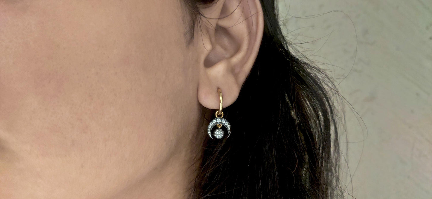 Half moon Lab grown diamond button back Georgian cut down Huggie,2 in 1  statement earring, blackened gold earrings.