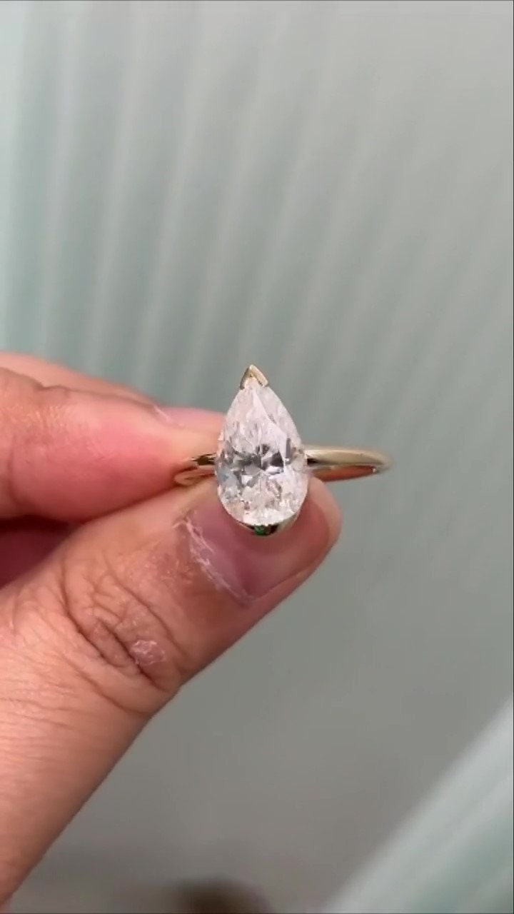 Pear cut Half Bezel Moissanite Solitaire Engagement Ring , Promise\proposal Ring available in 18k\14k\10k White\Yellow\Rose Gold