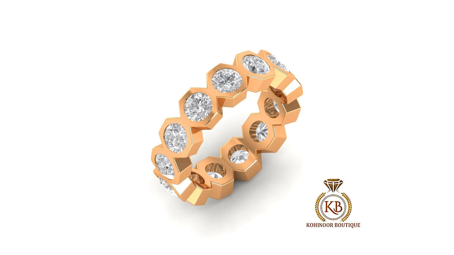 Half\Full Eternity, Hexagonal set Round Moissanite bold statement Ring, Wedding Band in 18k\14k\10k and White\Yellow\Rose Gold